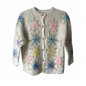 Vintage Hand-Knit Floral Embroidered Cardigan Sweater Cream Multicolor Size S/M